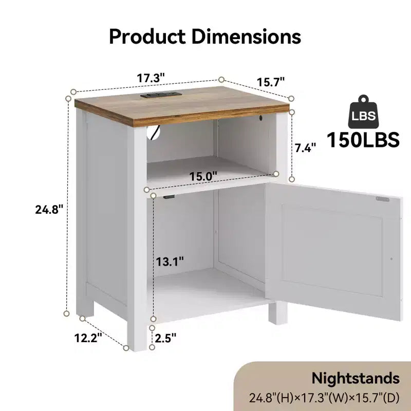 Comodino Rustico con USB e Presa di Corrente Incorporate – Ripiano Aperto e Mobiletto, 63 cm H x 45 cm L x 40 cm P