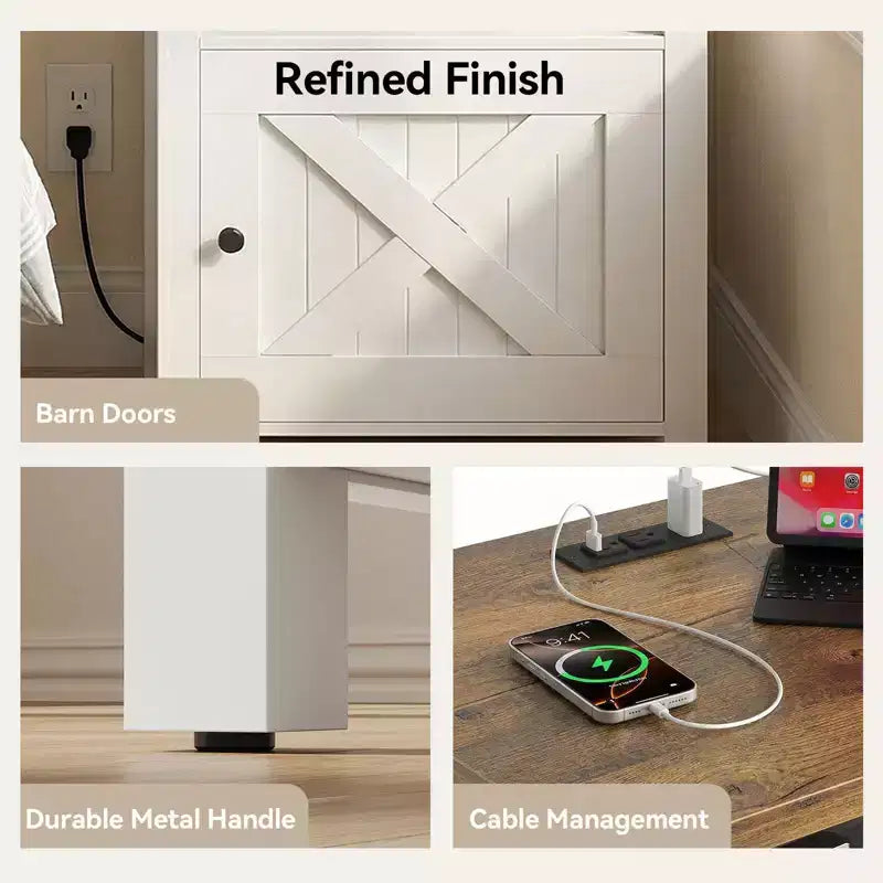 Comodino Rustico con USB e Presa di Corrente Incorporate – Ripiano Aperto e Mobiletto, 63 cm H x 45 cm L x 40 cm P