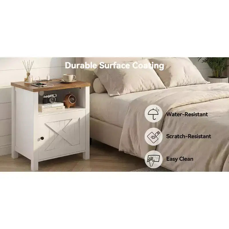 Comodino Rustico con USB e Presa di Corrente Incorporate – Ripiano Aperto e Mobiletto, 63 cm H x 45 cm L x 40 cm P