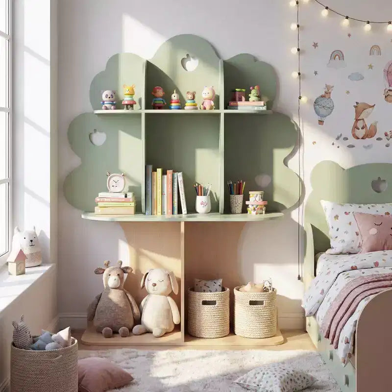 Libreria per bambini a forma di albero – 8 scomparti, 114 cm A x 96,5 cm L x 28 cm P, MDF, verde e naturale