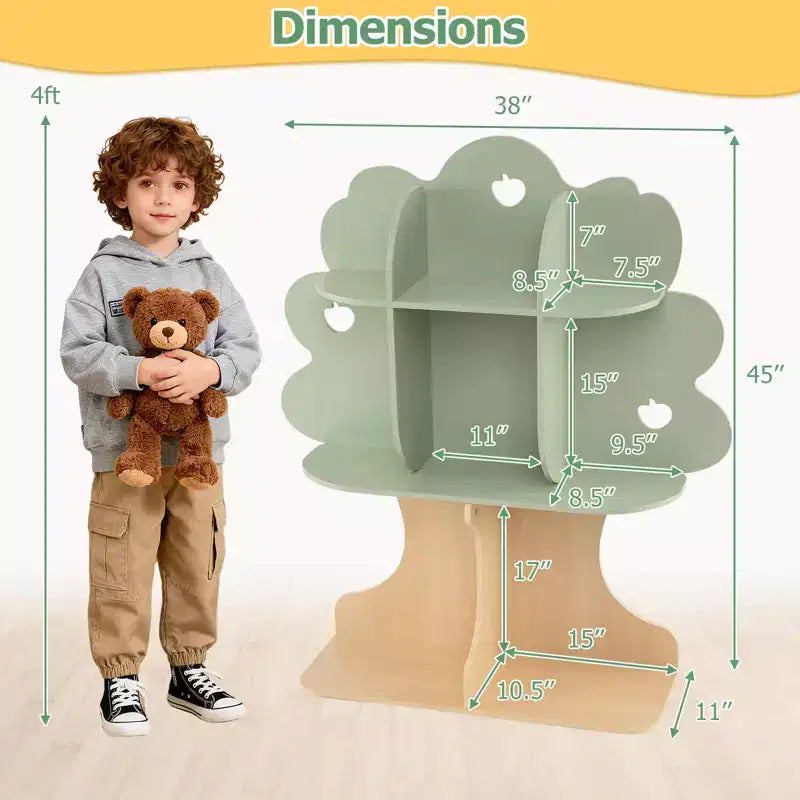 Libreria per bambini a forma di albero – 8 scomparti, 114 cm A x 96,5 cm L x 28 cm P, MDF, verde e naturale