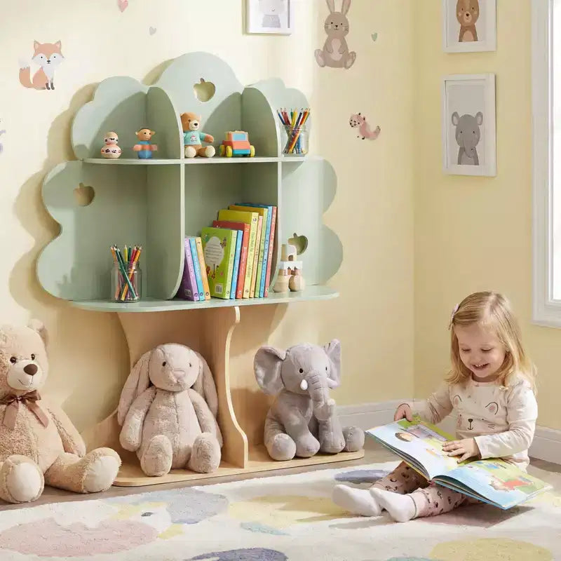 Libreria per bambini a forma di albero – 8 scomparti, 114 cm A x 96,5 cm L x 28 cm P, MDF, verde e naturale