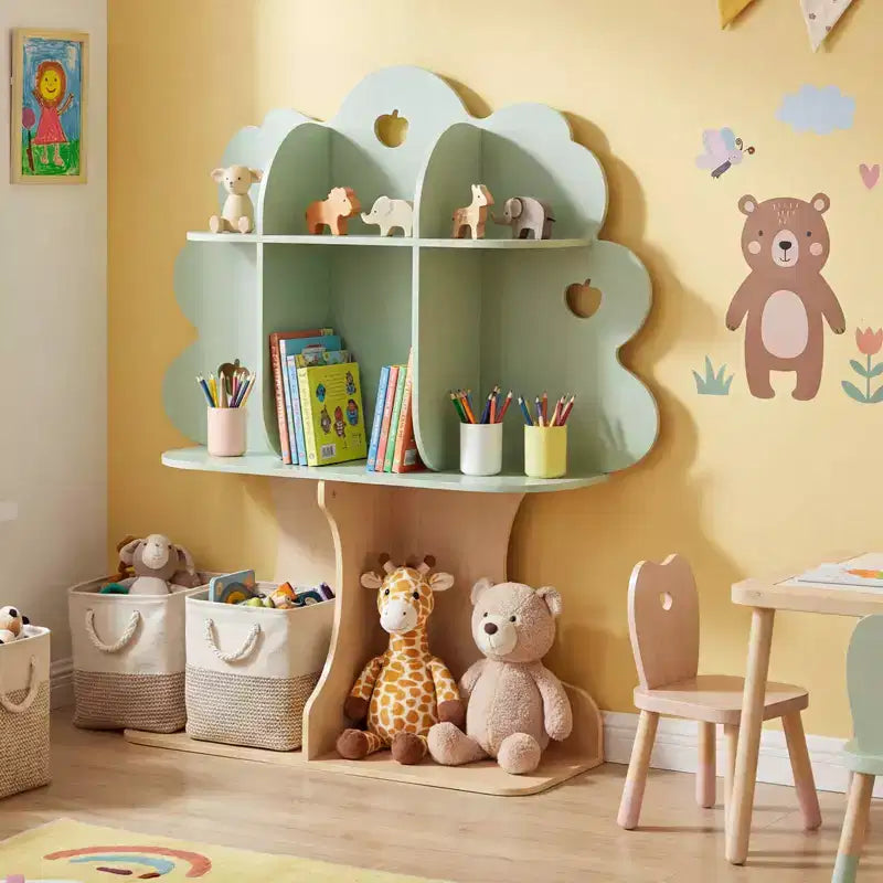 Libreria per bambini a forma di albero – 8 scomparti, 114 cm A x 96,5 cm L x 28 cm P, MDF, verde e naturale