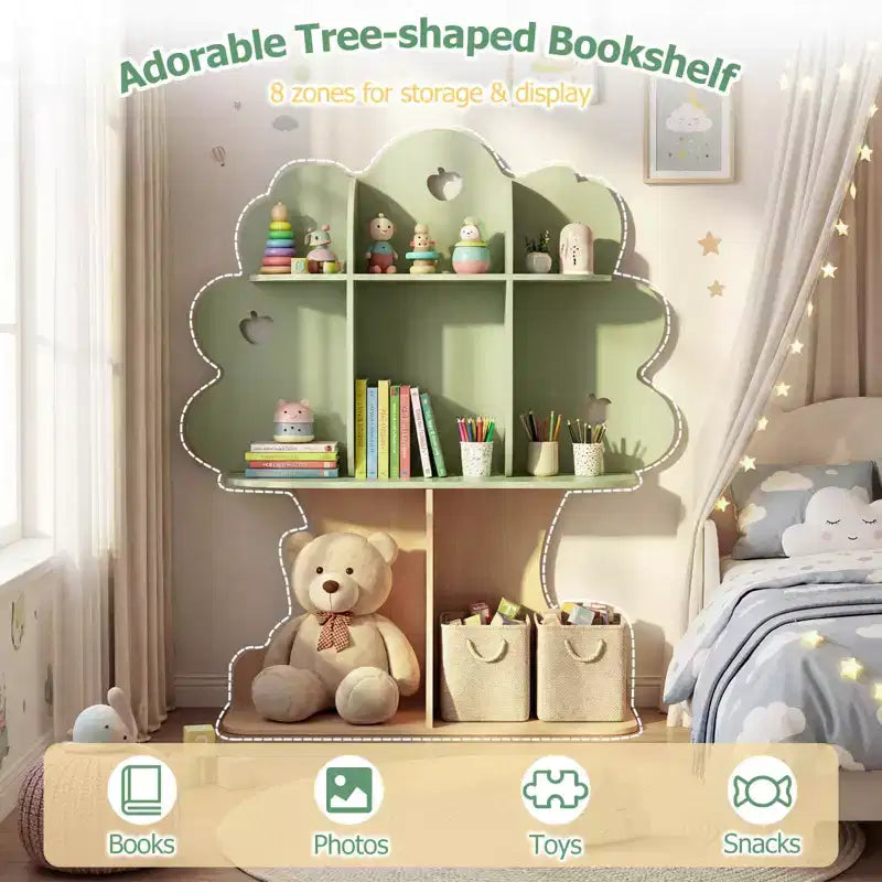 Libreria per bambini a forma di albero – 8 scomparti, 114 cm A x 96,5 cm L x 28 cm P, MDF, verde e naturale