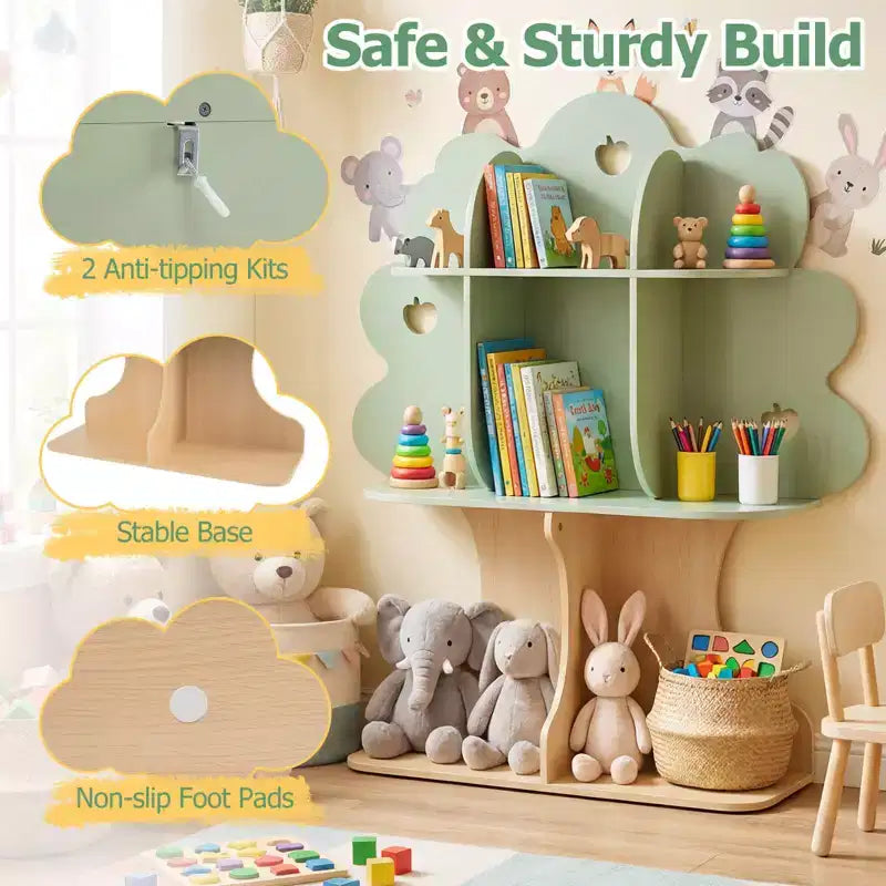 Libreria per bambini a forma di albero – 8 scomparti, 114 cm A x 96,5 cm L x 28 cm P, MDF, verde e naturale