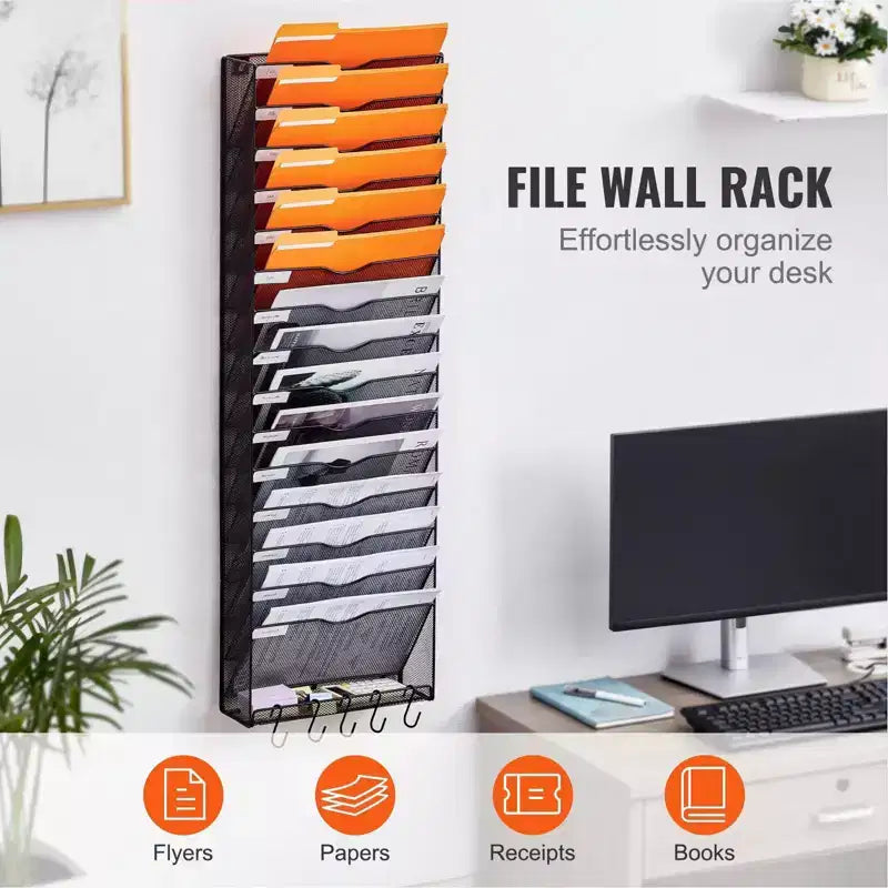 Organizzatore di documenti da parete in rete a 16 tasche – Scaffale portadocumenti in metallo, 101,9 cm A x 32,5 cm L x 10,4 cm P