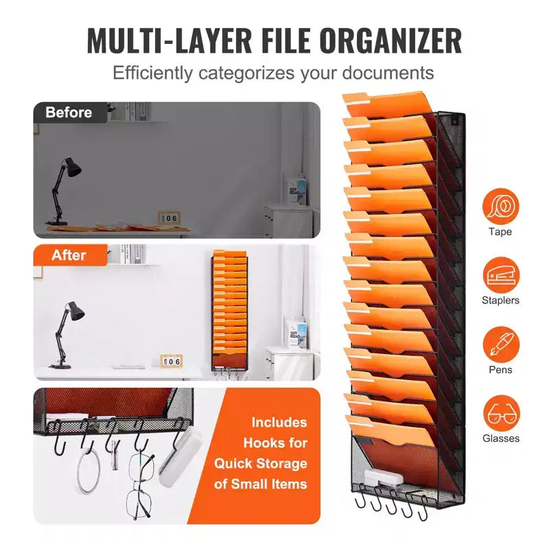 Organizzatore di documenti da parete in rete a 16 tasche – Scaffale portadocumenti in metallo, 101,9 cm A x 32,5 cm L x 10,4 cm P