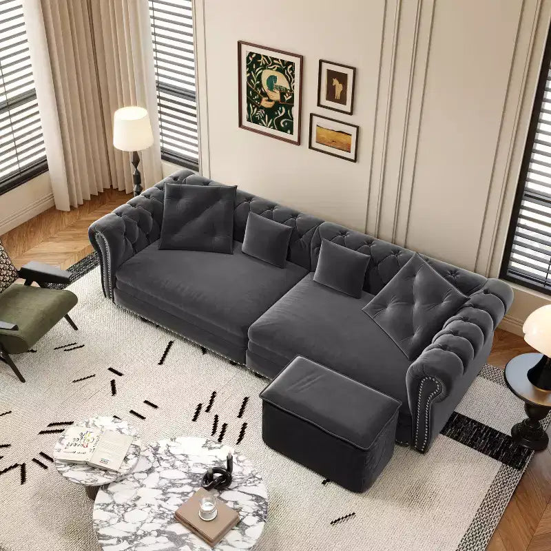 Divano Letto Convertibile 3-in-1 – Estraibile King Size, Rivestimento in Velluto Trapuntato, Chaise Longue e Pouf, 89"P x 35"L x 28"A, Grigio Carbone