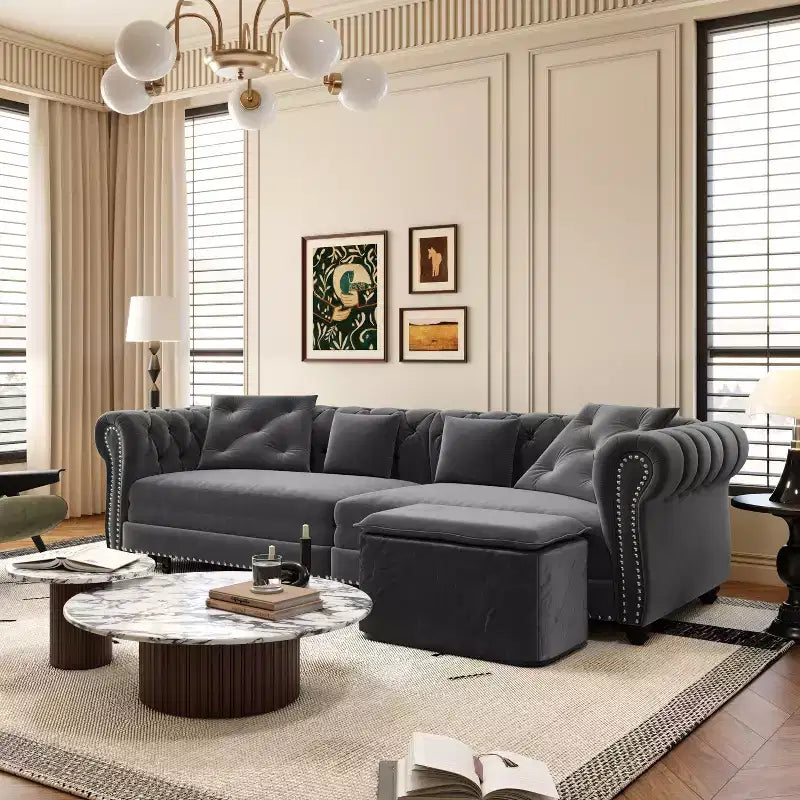 Divano Letto Convertibile 3-in-1 – Estraibile King Size, Rivestimento in Velluto Trapuntato, Chaise Longue e Pouf, 89"P x 35"L x 28"A, Grigio Carbone