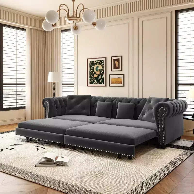 Divano Letto Convertibile 3-in-1 – Estraibile King Size, Rivestimento in Velluto Trapuntato, Chaise Longue e Pouf, 89"P x 35"L x 28"A, Grigio Carbone