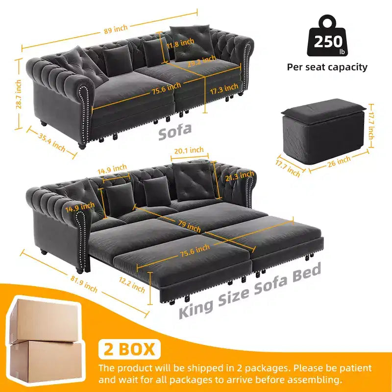 Divano Letto Convertibile 3-in-1 – Estraibile King Size, Rivestimento in Velluto Trapuntato, Chaise Longue e Pouf, 89"P x 35"L x 28"A, Grigio Carbone