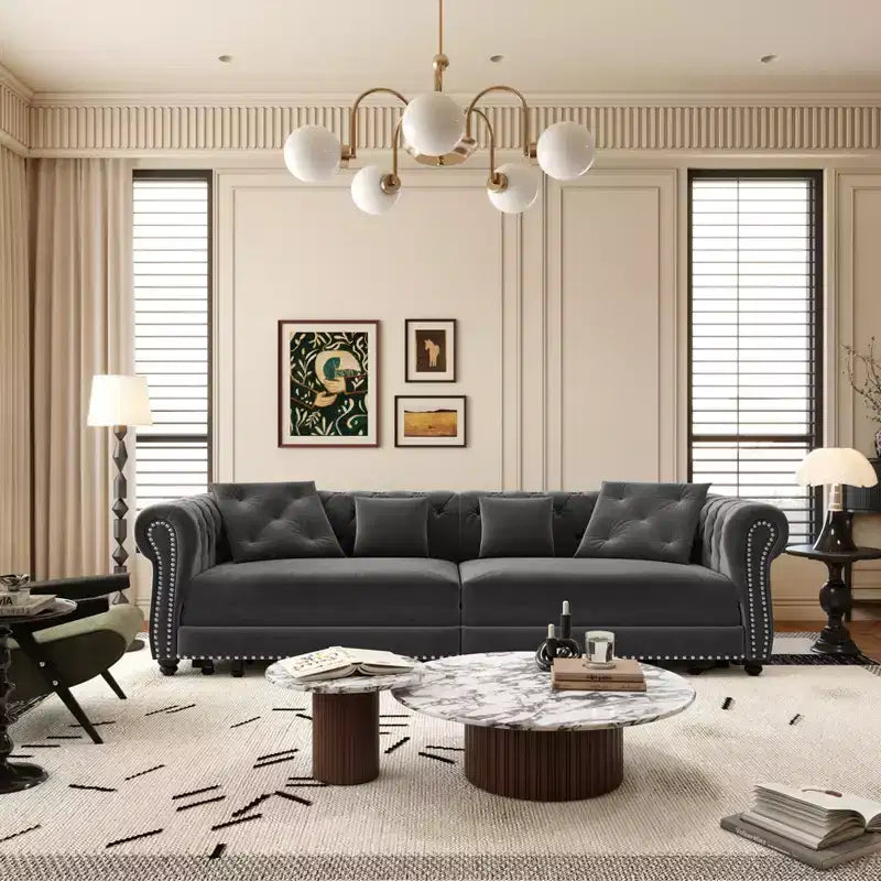 Divano Letto Convertibile 3-in-1 – Estraibile King Size, Rivestimento in Velluto Trapuntato, Chaise Longue e Pouf, 89"P x 35"L x 28"A, Grigio Carbone