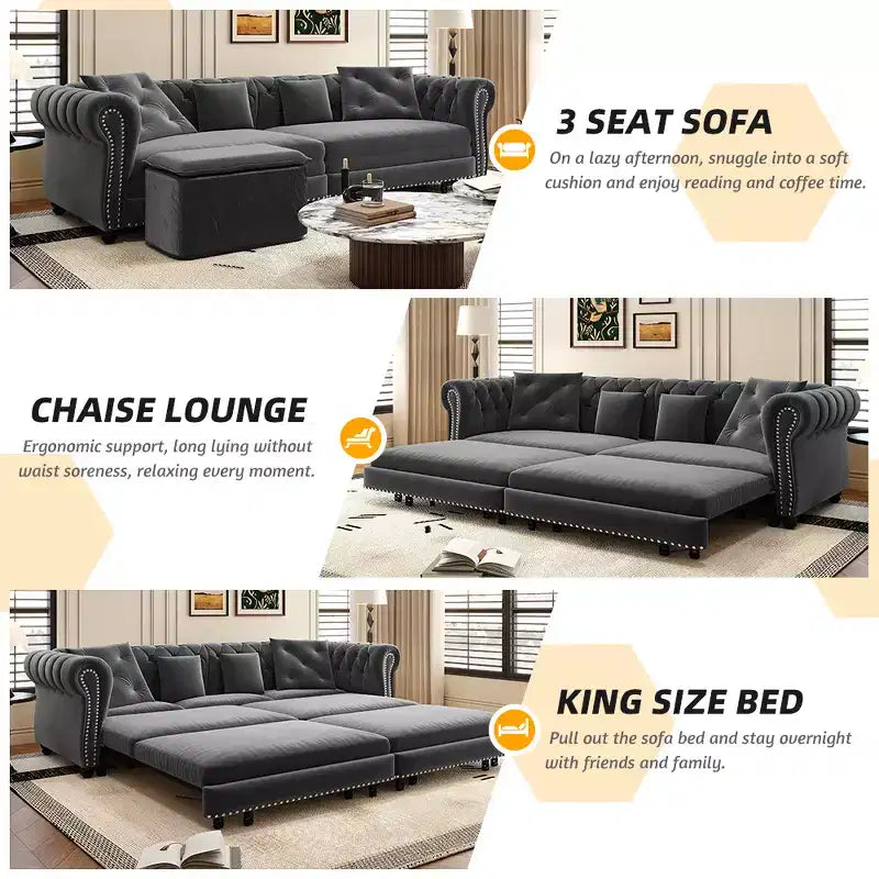 Divano Letto Convertibile 3-in-1 – Estraibile King Size, Rivestimento in Velluto Trapuntato, Chaise Longue e Pouf, 89"P x 35"L x 28"A, Grigio Carbone