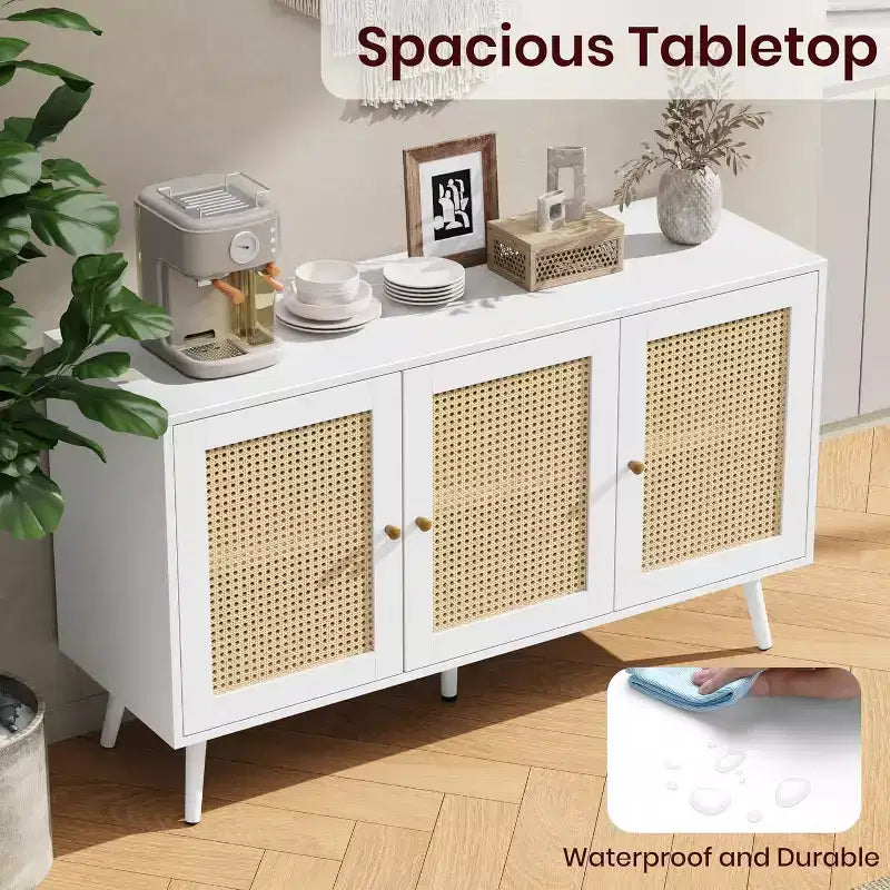 Credenza/Mobile Buffet in Rattan con 3 Ante – Larghezza 120 cm, 6 Scomparti, Ripiani Regolabili