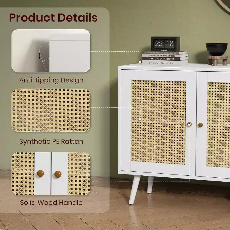 Credenza/Mobile Buffet in Rattan con 3 Ante – Larghezza 120 cm, 6 Scomparti, Ripiani Regolabili