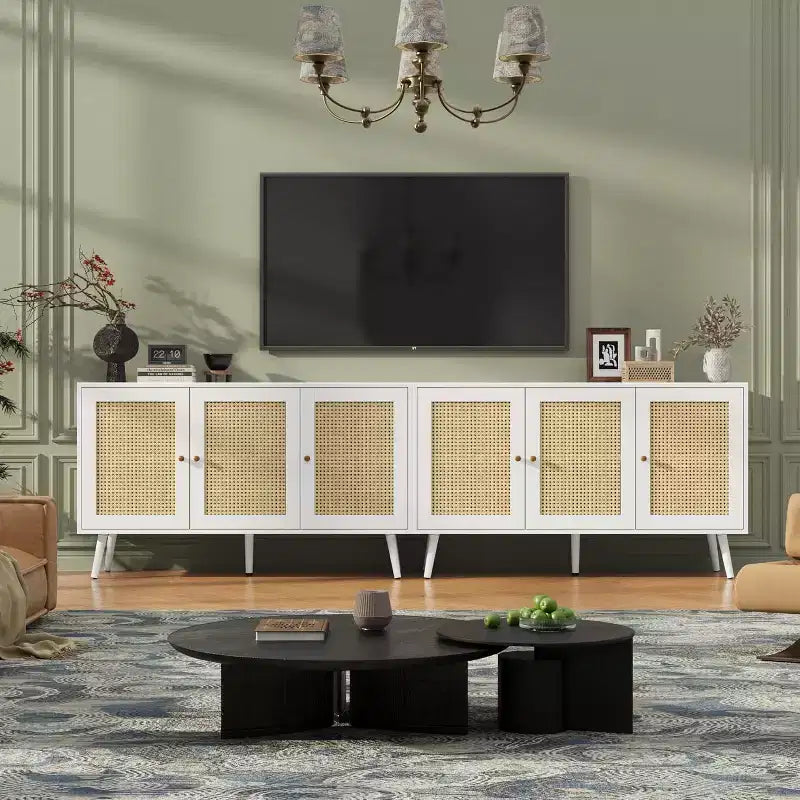 Credenza/Mobile Buffet in Rattan con 3 Ante – Larghezza 120 cm, 6 Scomparti, Ripiani Regolabili