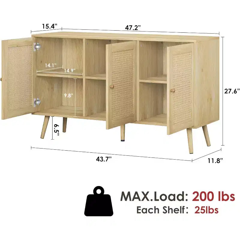 Credenza/Mobile Buffet in Rattan con 3 Ante – Larghezza 120 cm, 6 Scomparti, Ripiani Regolabili