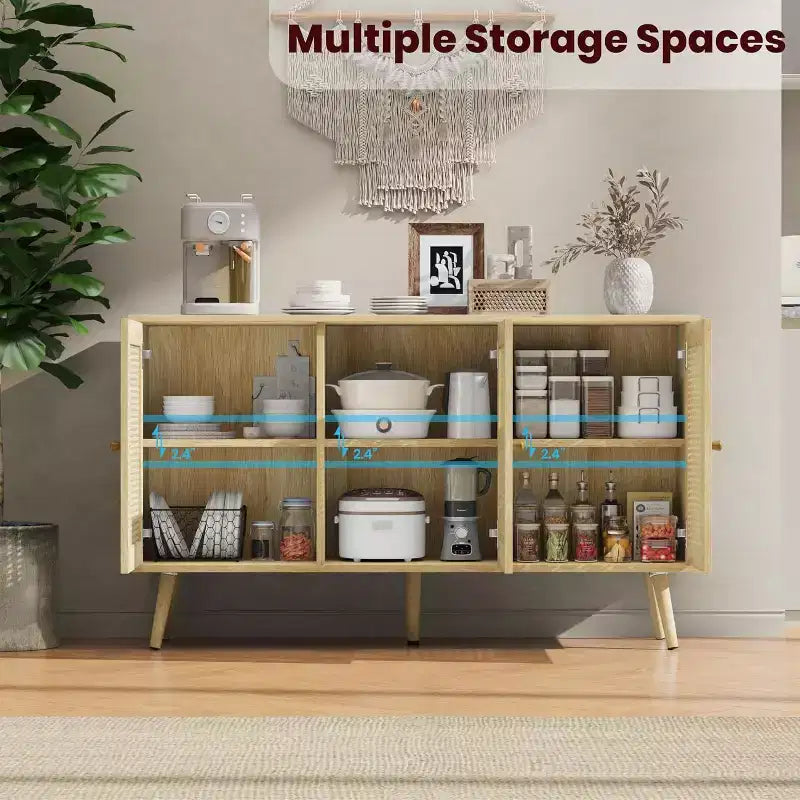 Credenza/Mobile Buffet in Rattan con 3 Ante – Larghezza 120 cm, 6 Scomparti, Ripiani Regolabili