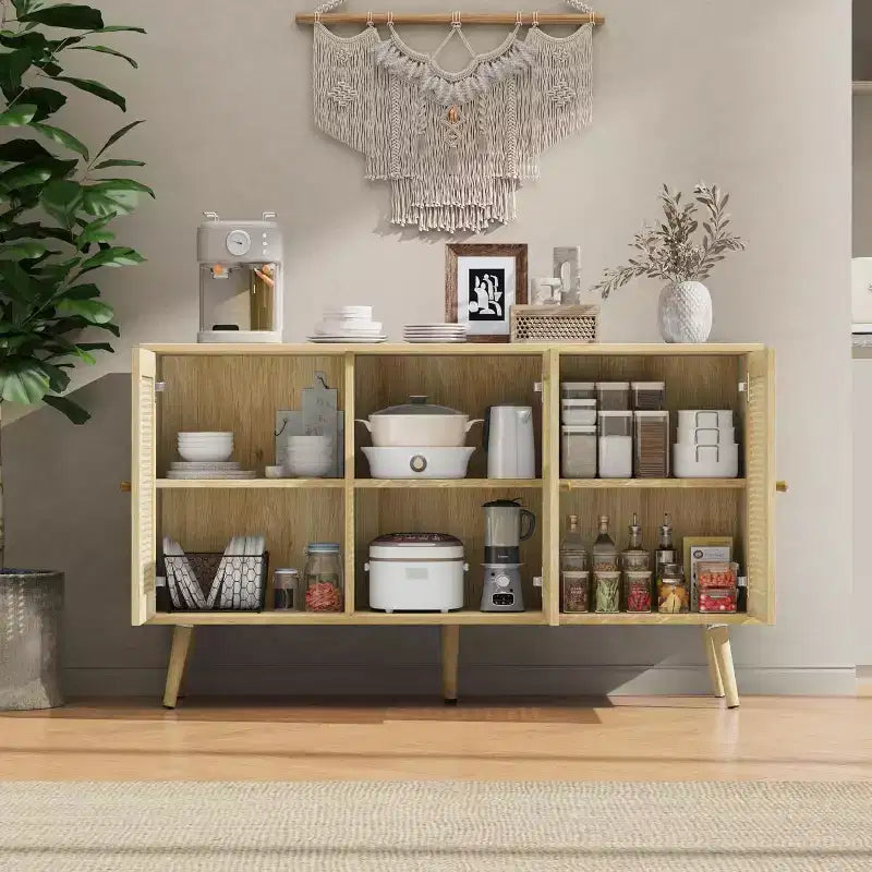 Credenza/Mobile Buffet in Rattan con 3 Ante – Larghezza 120 cm, 6 Scomparti, Ripiani Regolabili