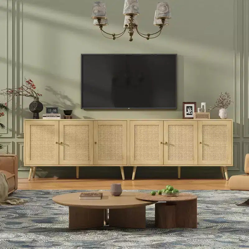 Credenza/Mobile Buffet in Rattan con 3 Ante – Larghezza 120 cm, 6 Scomparti, Ripiani Regolabili