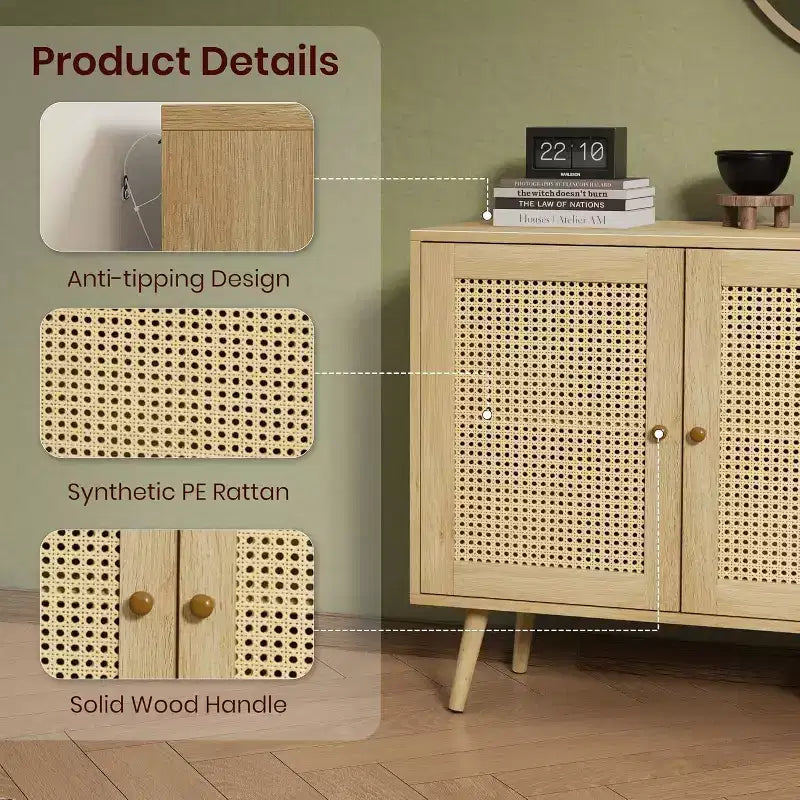 Credenza/Mobile Buffet in Rattan con 3 Ante – Larghezza 120 cm, 6 Scomparti, Ripiani Regolabili