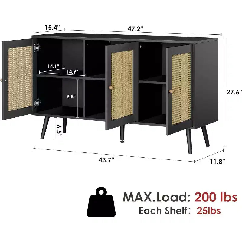 Credenza/Mobile Buffet in Rattan con 3 Ante – Larghezza 120 cm, 6 Scomparti, Ripiani Regolabili