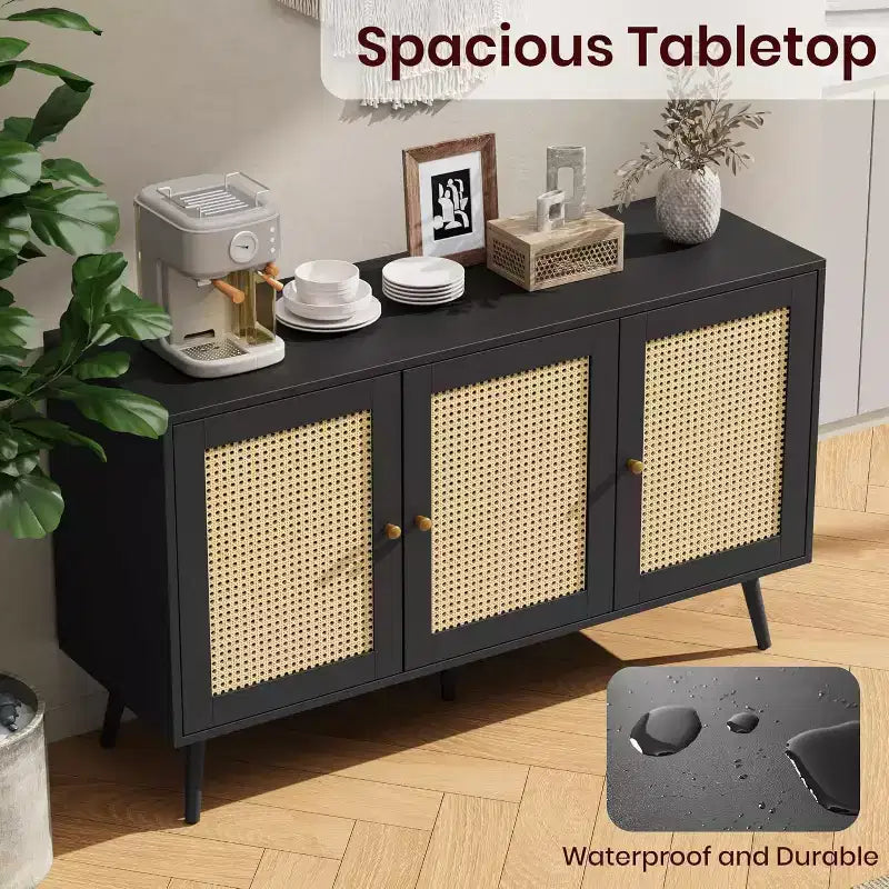 Credenza/Mobile Buffet in Rattan con 3 Ante – Larghezza 120 cm, 6 Scomparti, Ripiani Regolabili