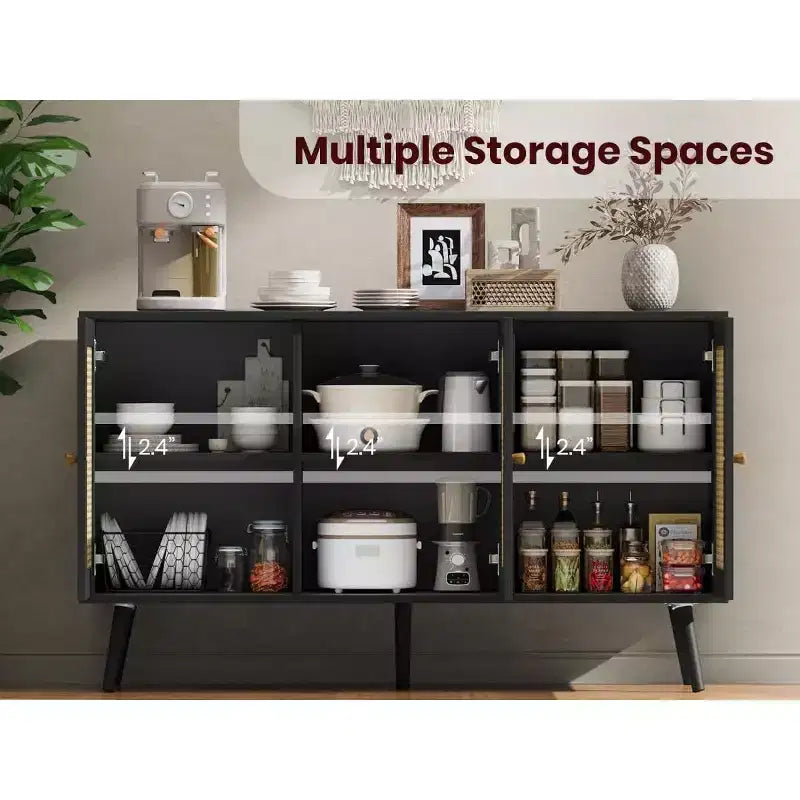 Credenza/Mobile Buffet in Rattan con 3 Ante – Larghezza 120 cm, 6 Scomparti, Ripiani Regolabili