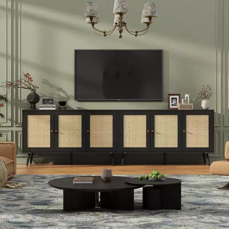 Credenza/Mobile Buffet in Rattan con 3 Ante – Larghezza 120 cm, 6 Scomparti, Ripiani Regolabili