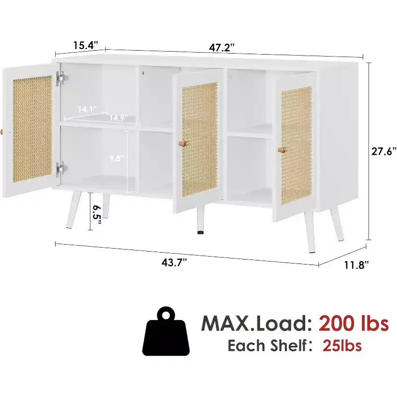 Credenza/Mobile Buffet in Rattan con 3 Ante – Larghezza 120 cm, 6 Scomparti, Ripiani Regolabili