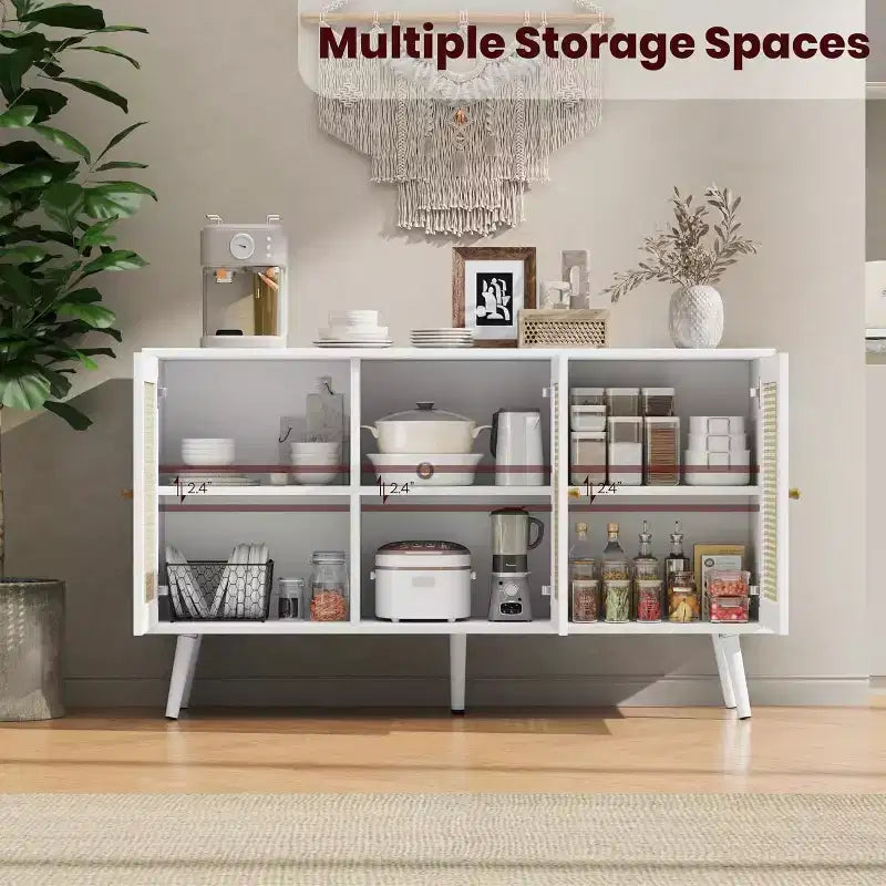 Credenza/Mobile Buffet in Rattan con 3 Ante – Larghezza 120 cm, 6 Scomparti, Ripiani Regolabili