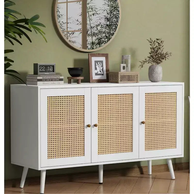 Credenza/Mobile Buffet in Rattan con 3 Ante – Larghezza 120 cm, 6 Scomparti, Ripiani Regolabili