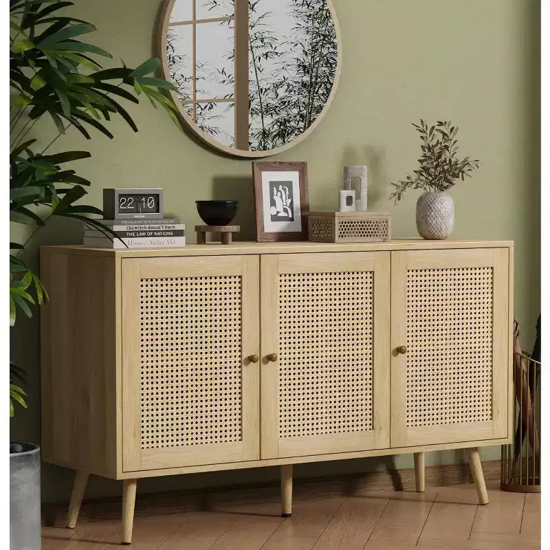 Credenza/Mobile Buffet in Rattan con 3 Ante – Larghezza 120 cm, 6 Scomparti, Ripiani Regolabili