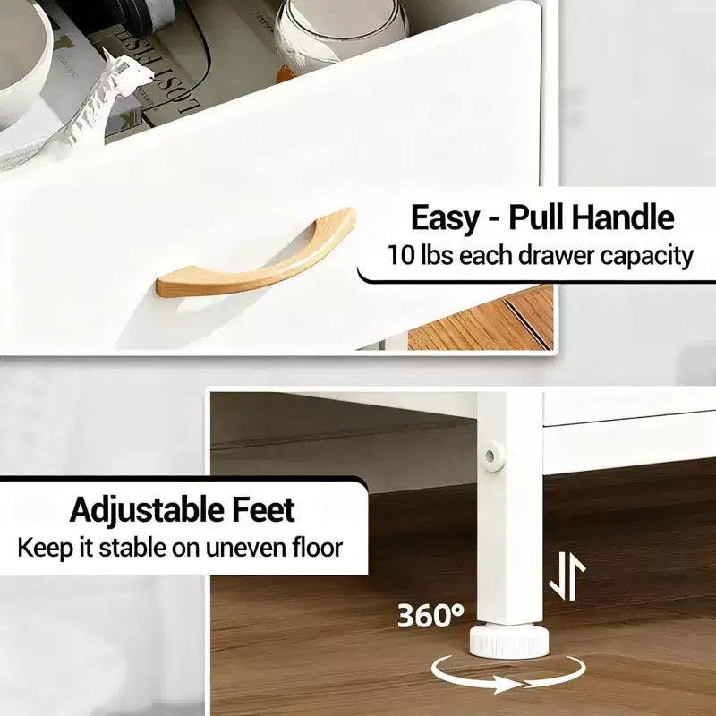 Comodino Alto con Luci LED – 4 Cassetti in Tessuto, Telaio in Acciaio, Mobile Stretto, Piano Spesso 2,5 cm