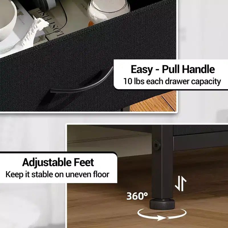 Comodino Alto con Luci LED – 4 Cassetti in Tessuto, Telaio in Acciaio, Mobile Stretto, Piano Spesso 2,5 cm