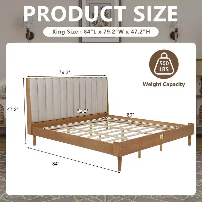 Struttura Letto King Size con Testiera Imbottita – Stile Tasti di Pianoforte, Non Richiede Rete a Molle, Grano