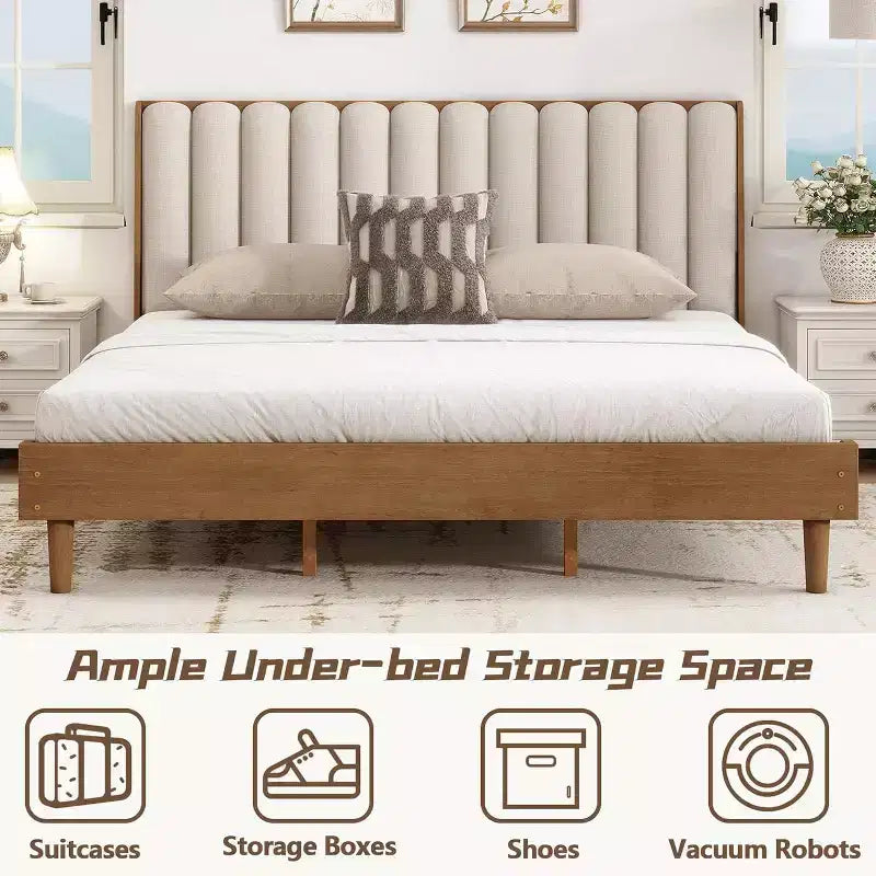 Struttura Letto King Size con Testiera Imbottita – Stile Tasti di Pianoforte, Non Richiede Rete a Molle, Grano