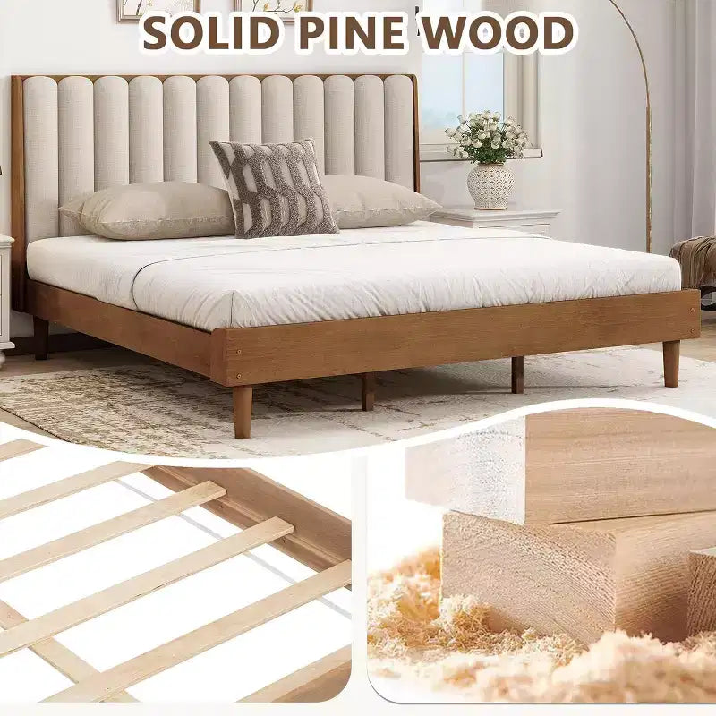 Struttura Letto King Size con Testiera Imbottita – Stile Tasti di Pianoforte, Non Richiede Rete a Molle, Grano
