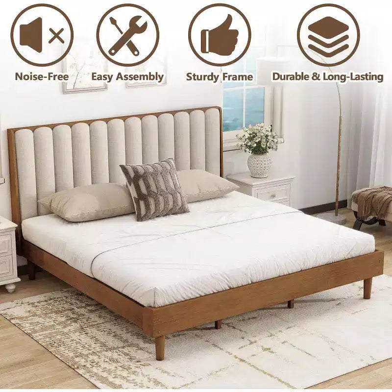 Struttura Letto King Size con Testiera Imbottita – Stile Tasti di Pianoforte, Non Richiede Rete a Molle, Grano