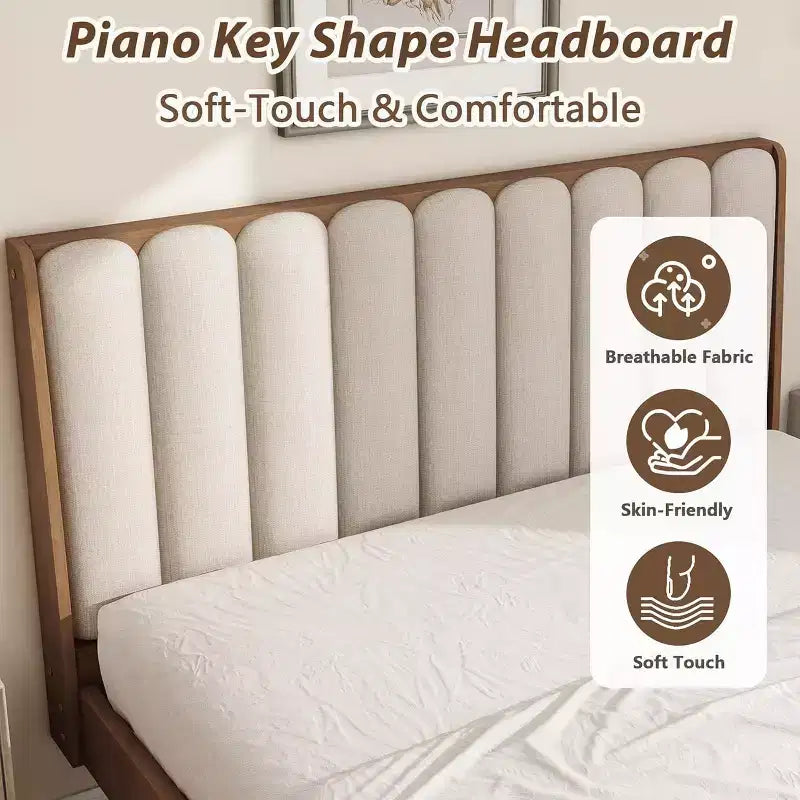 Struttura Letto King Size con Testiera Imbottita – Stile Tasti di Pianoforte, Non Richiede Rete a Molle, Grano
