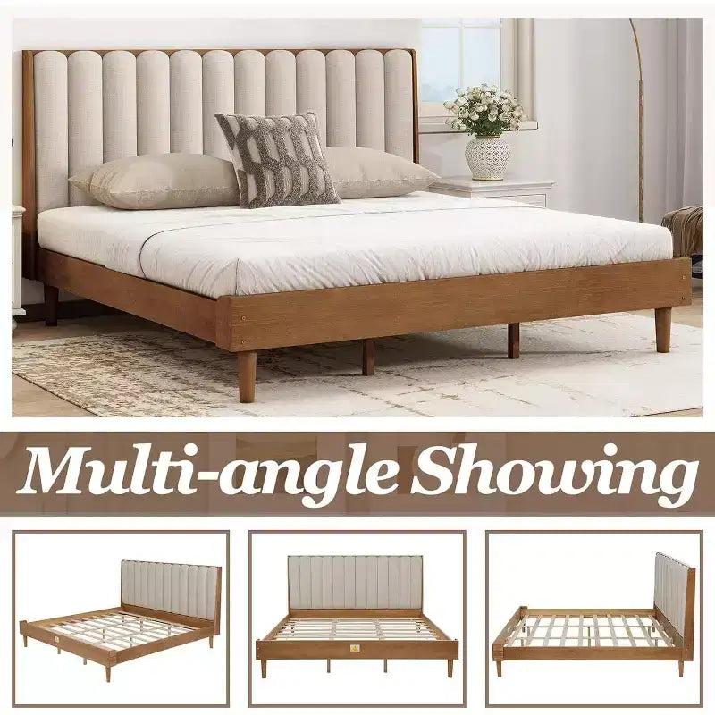 Struttura Letto King Size con Testiera Imbottita – Stile Tasti di Pianoforte, Non Richiede Rete a Molle, Grano