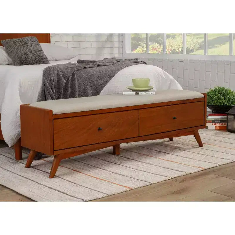 Panca imbottita di metà secolo – Struttura in mogano, 149,86 cm L x 38,1 cm P x 46,99 cm A, Finitura color castagno