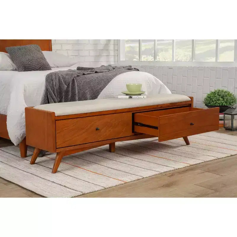 Panca imbottita di metà secolo – Struttura in mogano, 149,86 cm L x 38,1 cm P x 46,99 cm A, Finitura color castagno