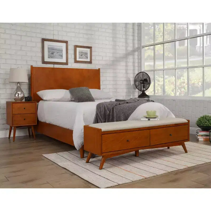 Panca imbottita di metà secolo – Struttura in mogano, 149,86 cm L x 38,1 cm P x 46,99 cm A, Finitura color castagno