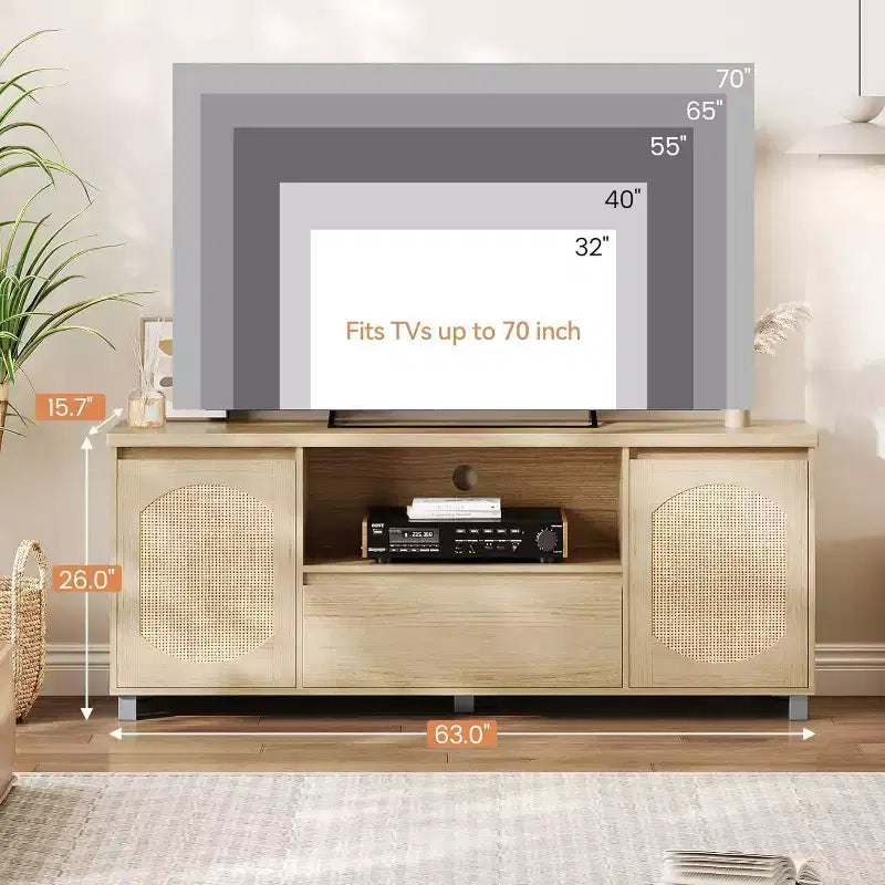 Mobile TV in rattan stile Boho – Adatto a TV fino a 65", Ripiano regolabile e cassetto, Finitura rovere, 178 cm di larghezza