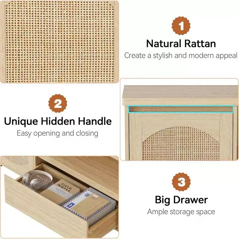 Mobile TV in rattan stile Boho – Adatto a TV fino a 65", Ripiano regolabile e cassetto, Finitura rovere, 178 cm di larghezza