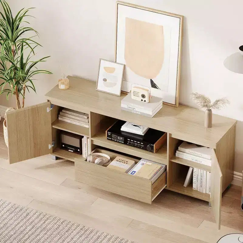 Mobile TV in rattan stile Boho – Adatto a TV fino a 65", Ripiano regolabile e cassetto, Finitura rovere, 178 cm di larghezza