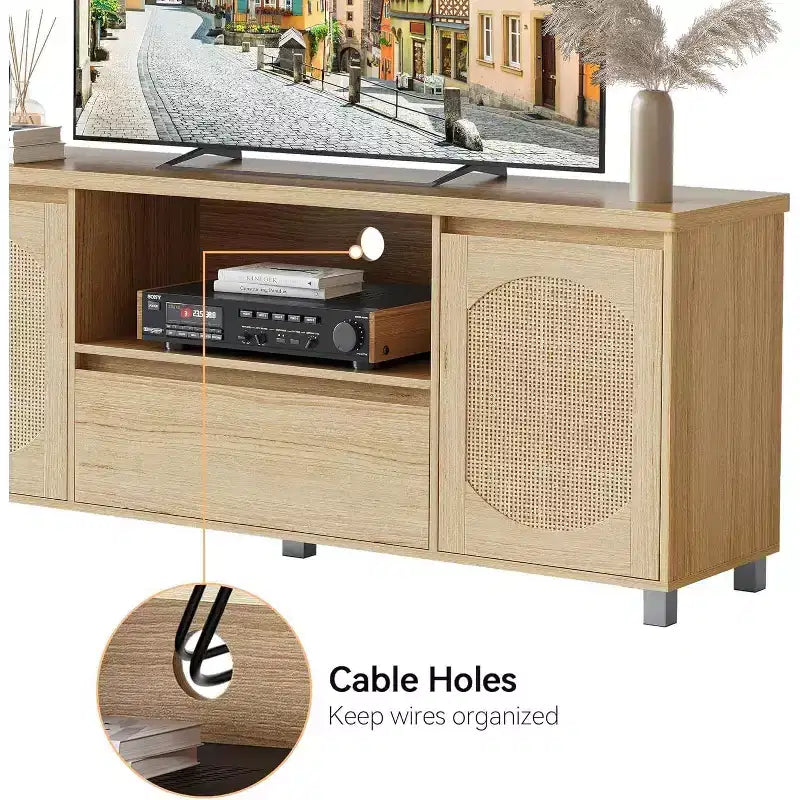 Mobile TV in rattan stile Boho – Adatto a TV fino a 65", Ripiano regolabile e cassetto, Finitura rovere, 178 cm di larghezza