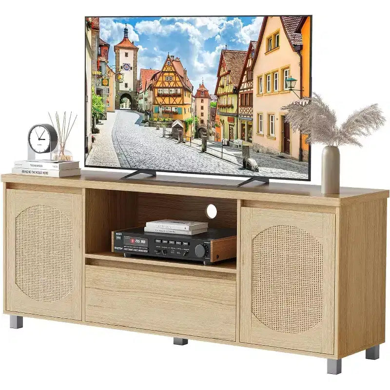 Mobile TV in rattan stile Boho – Adatto a TV fino a 65", Ripiano regolabile e cassetto, Finitura rovere, 178 cm di larghezza