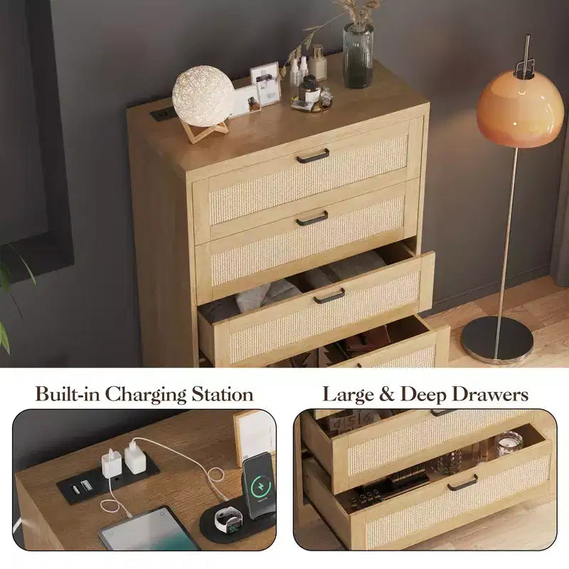 Cassettiera Alta in Rattan con 5 Cassetti – Altezza 80 cm, Piano Ampio, Cassettone in Legno per Camera da Letto e Ingresso